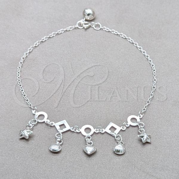 Sterling Silver Fancy Anklet, Shell and Heart Design, Polished, Silver Finish, 03.409.0084.10