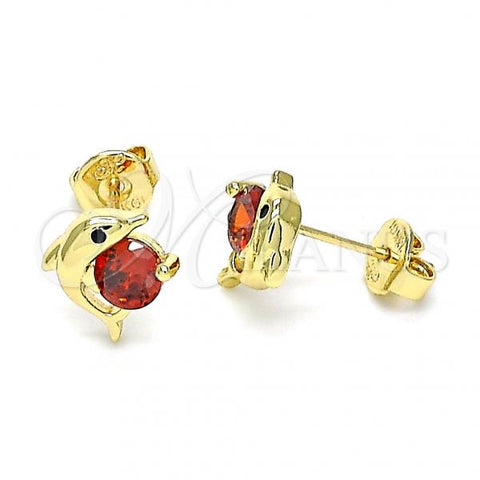 Oro Laminado Stud Earring, Gold Filled Style Dolphin Design, with Garnet Cubic Zirconia and Black Micro Pave, Polished, Golden Finish, 02.156.0438.1