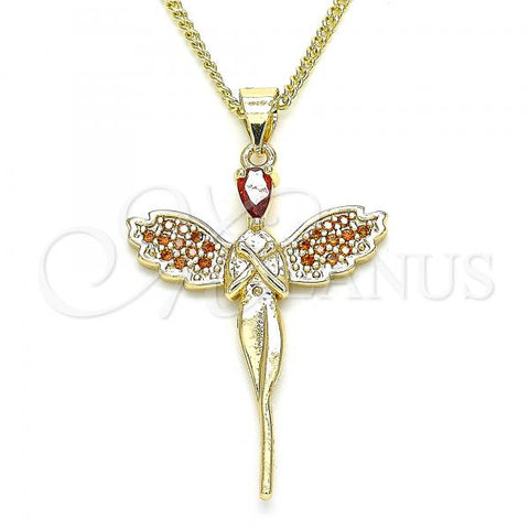 Oro Laminado Pendant Necklace, Gold Filled Style Angel Design, with Garnet Micro Pave, Polished, Golden Finish, 04.344.0022.1.20