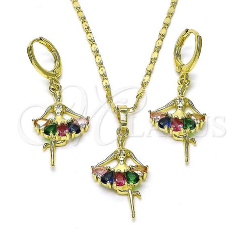 Oro Laminado Earring and Pendant Adult Set, Gold Filled Style Little Girl Design, with Multicolor Cubic Zirconia, Polished, Golden Finish, 10.196.0148.1