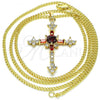 Oro Laminado Pendant Necklace, Gold Filled Style Cross Design, with Garnet and White Cubic Zirconia, Polished, Golden Finish, 04.284.0011.1.22