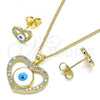 Oro Laminado Earring and Pendant Adult Set, Gold Filled Style Evil Eye and Heart Design, with White Micro Pave, White Enamel Finish, Golden Finish, 10.156.0384