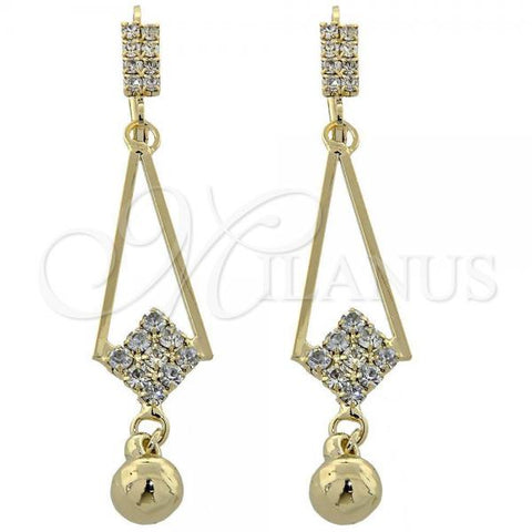 Oro Laminado Long Earring, Gold Filled Style Ball Design, with White Cubic Zirconia, Polished, Golden Finish, 5.099.012