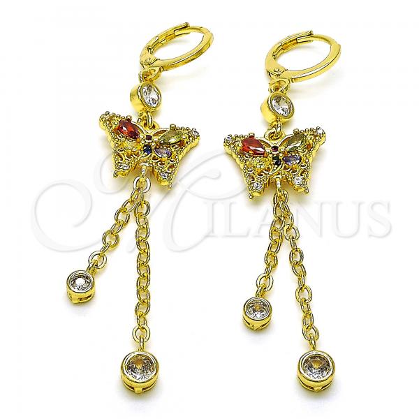 Oro Laminado Long Earring, Gold Filled Style Butterfly and Rolo Design, with Multicolor Cubic Zirconia and Multicolor Micro Pave, Polished, Golden Finish, 02.316.0091.1
