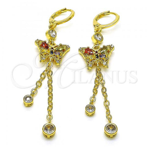 Oro Laminado Long Earring, Gold Filled Style Butterfly and Rolo Design, with Multicolor Cubic Zirconia and Multicolor Micro Pave, Polished, Golden Finish, 02.316.0091.1