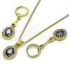 Oro Laminado Earring and Pendant Adult Set, Gold Filled Style with Amethyst Cubic Zirconia and White Micro Pave, Polished, Golden Finish, 10.387.0007.1