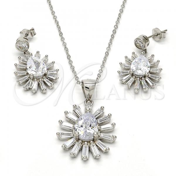 Sterling Silver Earring and Pendant Adult Set, Teardrop Design, with White Cubic Zirconia, Polished, Rhodium Finish, 10.175.0035