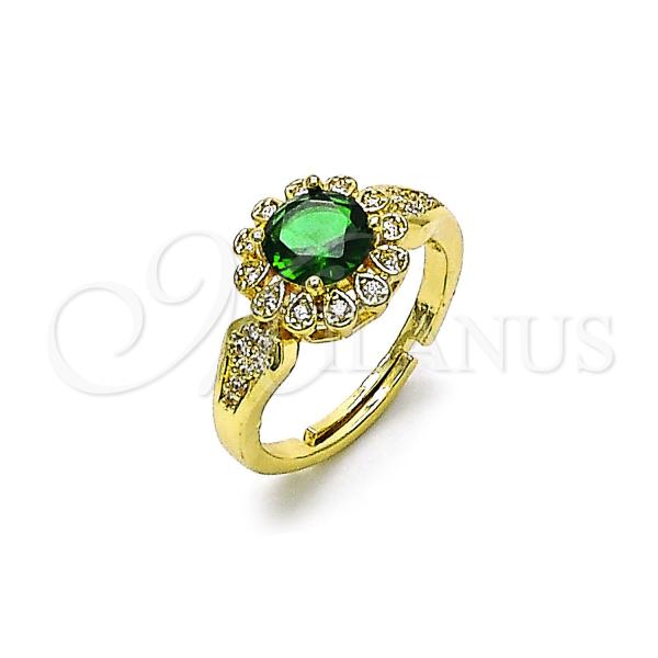 Oro Laminado Multi Stone Ring, Gold Filled Style Cluster and Flower Design, with Green Cubic Zirconia and White Micro Pave, Polished, Golden Finish, 01.284.0105.1