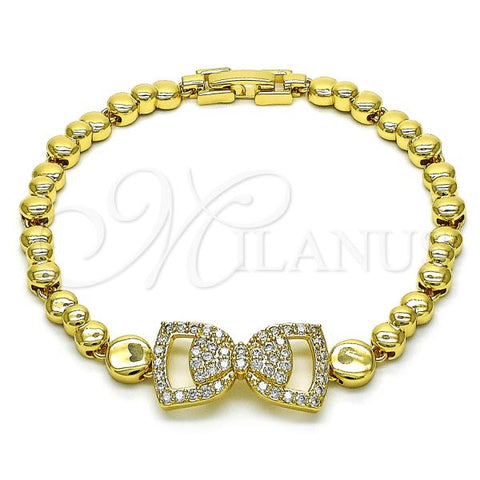 Oro Laminado Fancy Anklet, Gold Filled Style Bow Design, with White Micro Pave, Polished, Golden Finish, 03.283.0393.07