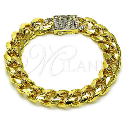 Oro Laminado Fancy Bracelet, Gold Filled Style Miami Cuban Design, with White Micro Pave, Polished, Golden Finish, 03.156.0042.08