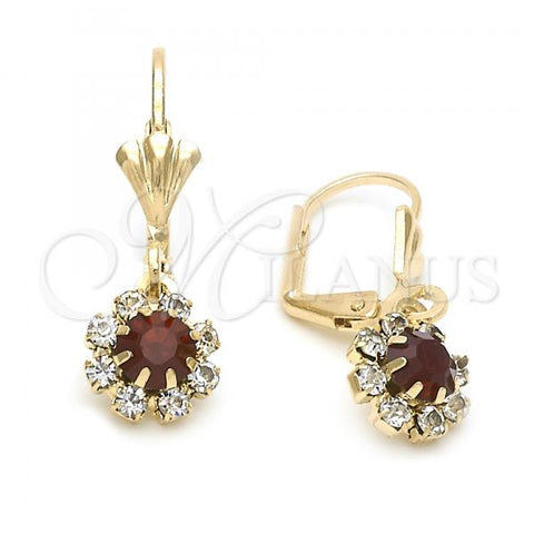 Oro Laminado Dangle Earring, Gold Filled Style Flower Design, with White and Garnet Cubic Zirconia, Golden Finish, 5.125.019