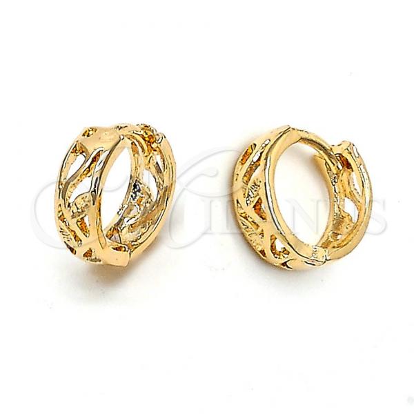 Oro Laminado Huggie Hoop, Gold Filled Style Leaf Design, Diamond Cutting Finish, Golden Finish, 02.164.0008