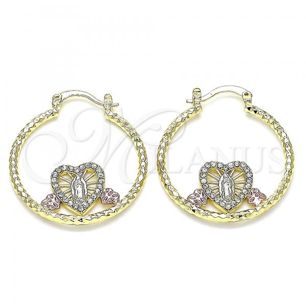 Oro Laminado Medium Hoop, Gold Filled Style Guadalupe and Heart Design, with White Crystal, Diamond Cutting Finish, Tricolor, 02.253.0029.30