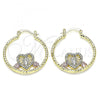 Oro Laminado Medium Hoop, Gold Filled Style Guadalupe and Heart Design, with White Crystal, Diamond Cutting Finish, Tricolor, 02.253.0029.30