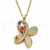 Oro Laminado Pendant Necklace, Gold Filled Style Butterfly Design, with Multicolor Cubic Zirconia and White Micro Pave, Polished, Golden Finish, 04.323.0012.20