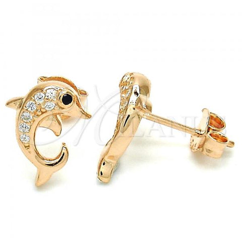 Sterling Silver Stud Earring, Dolphin Design, with Black and White Cubic Zirconia, Polished, Rose Gold Finish, 02.336.0082.1