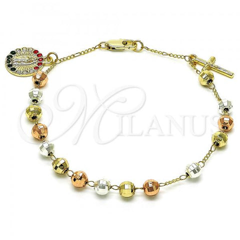 Oro Laminado Charm Bracelet, Gold Filled Style Guadalupe and Crucifix Design, with Multicolor Crystal, Diamond Cutting Finish, Tricolor, 03.351.0153.08