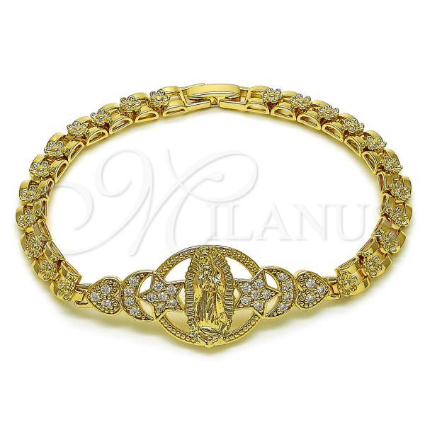 Oro Laminado Fancy Bracelet, Gold Filled Style Guadalupe and Star Design, with White Cubic Zirconia, Polished, Golden Finish, 03.283.0403.07