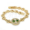 Oro Laminado Fancy Bracelet, Gold Filled Style Flower Design, with Green and White Cubic Zirconia, Polished, Golden Finish, 03.210.0044.1.08