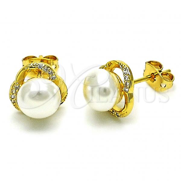 Oro Laminado Stud Earring, Gold Filled Style with Ivory Pearl and White Micro Pave, Polished, Golden Finish, 02.342.0246