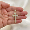 Oro Laminado Religious Pendant, Gold Filled Style Cross Design, with White Micro Pave, Polished, Golden Finish, 05.342.0073
