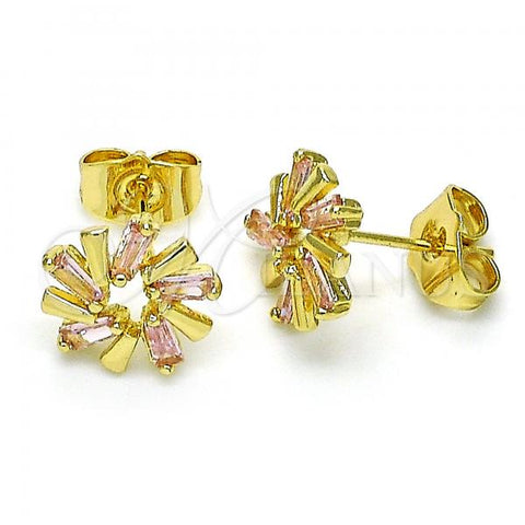 Oro Laminado Stud Earring, Gold Filled Style with Pink Cubic Zirconia, Polished, Golden Finish, 02.210.0746.2