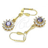 Oro Laminado Long Earring, Gold Filled Style Flower Design, with Amethyst and White Cubic Zirconia, Polished, Golden Finish, 02.387.0055