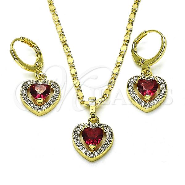 Oro Laminado Earring and Pendant Adult Set, Gold Filled Style Heart and Cluster Design, with Ruby Cubic Zirconia and White Micro Pave, Polished, Golden Finish, 10.196.0141.1