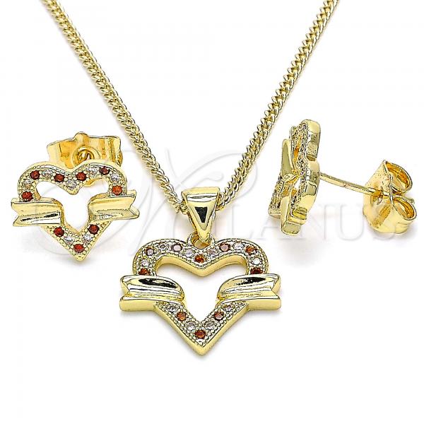 Oro Laminado Earring and Pendant Adult Set, Gold Filled Style Heart Design, with Garnet and White Micro Pave, Polished, Golden Finish, 10.156.0280.1