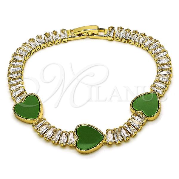 Oro Laminado Fancy Bracelet, Gold Filled Style Heart and Baguette Design, with Light Green Mother of Pearl and White Cubic Zirconia, Polished, Golden Finish, 03.283.0423.07