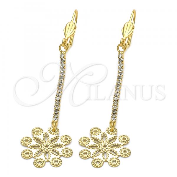 Oro Laminado Long Earring, Gold Filled Style Flower Design, with White Cubic Zirconia, Diamond Cutting Finish, Golden Finish, 5.087.001