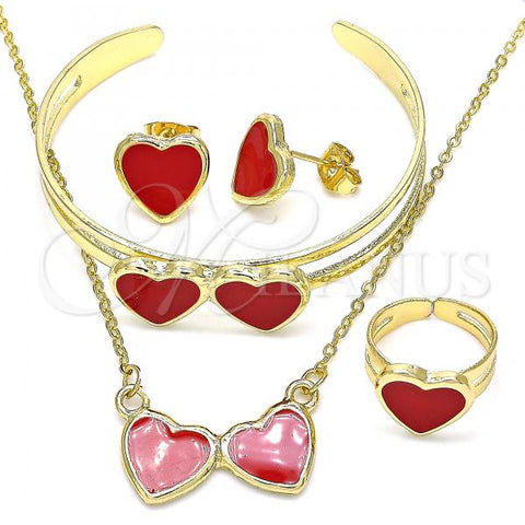 Oro Laminado Necklace, Bracelet, Earring and Ring, Gold Filled Style Heart Design, Red Enamel Finish, Golden Finish, 06.361.0025.1