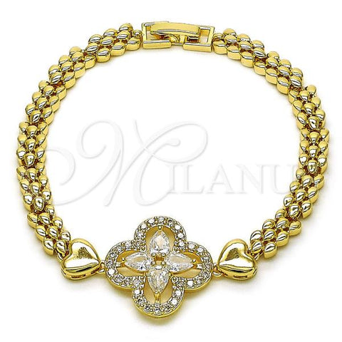 Oro Laminado Fancy Bracelet, Gold Filled Style Four-leaf Clover and Teardrop Design, with White Cubic Zirconia, Polished, Golden Finish, 03.283.0430.07