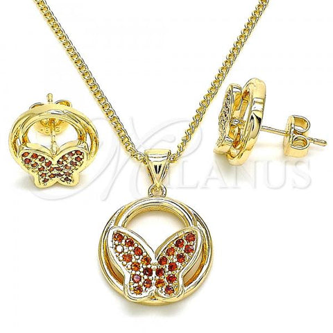 Oro Laminado Earring and Pendant Adult Set, Gold Filled Style Butterfly Design, with Garnet Micro Pave, Polished, Golden Finish, 10.156.0258.2