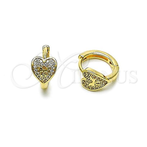 Oro Laminado Huggie Hoop, Gold Filled Style Heart and Bow Design, with White Micro Pave, Polished, Golden Finish, 02.418.0006.14