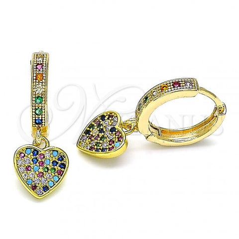 Oro Laminado Huggie Hoop, Gold Filled Style Heart Design, with Multicolor Micro Pave, Polished, Golden Finish, 02.368.0044.15