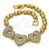 Oro Laminado Fancy Bracelet, Gold Filled Style Heart and Lock Design, with White Micro Pave, Polished, Golden Finish, 03.283.0246.07