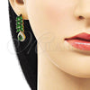 Oro Laminado Long Earring, Gold Filled Style Leaf and Teardrop Design, with Green Cubic Zirconia and White Micro Pave, Polished, Golden Finish, 02.346.0020.1