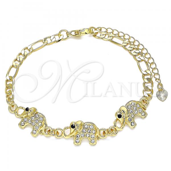 Oro Laminado Fancy Bracelet, Gold Filled Style Elephant Design, with White and Black Crystal, Polished, Golden Finish, 03.380.0034.1.08