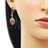Oro Laminado Long Earring, Gold Filled Style Leaf Design, with Garnet and White Cubic Zirconia, Polished, Golden Finish, 02.357.0063