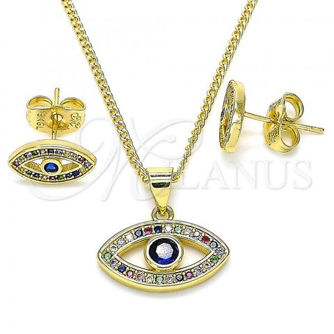 Oro Laminado Earring and Pendant Adult Set, Gold Filled Style Evil Eye Design, with Multicolor Micro Pave, Polished, Golden Finish, 10.156.0342.1