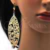 Oro Laminado Dangle Earring, Gold Filled Style Leaf and Dragon-Fly Design, with White Crystal, Diamond Cutting Finish, Golden Finish, 68.003