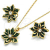 Oro Laminado Earring and Pendant Adult Set, Gold Filled Style Flower Design, with Green and White Crystal, Polished, Golden Finish, 10.64.0155.3