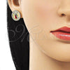Oro Laminado Stud Earring, Gold Filled Style Guadalupe Design, with White Micro Pave, Diamond Cutting Finish, Tricolor, 02.411.0001