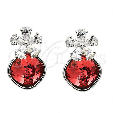 Rhodium Plated Stud Earring, Flower Design, with Padparadscha Swarovski Crystals and White Micro Pave, Polished, Rhodium Finish, 02.63.2580.2