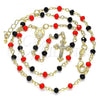 Oro Laminado Thin Rosary, Gold Filled Style Caridad del Cobre and Crucifix Design, with Black Crystal and Garnet Cubic Zirconia, Polished, Golden Finish, 09.63.0112.1.18