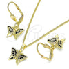 Oro Laminado Earring and Pendant Adult Set, Gold Filled Style Butterfly Design, with Black Micro Pave, Polished, Golden Finish, 10.316.0058.2