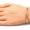 Oro Laminado Fancy Bracelet, Gold Filled Style Paperclip Design, with White Micro Pave, Polished, Golden Finish, 03.313.0038.08