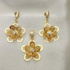 Oro Laminado Earring and Pendant Adult Set, Gold Filled Style Flower Design, with White Cubic Zirconia, Polished, Golden Finish, 5.049.009