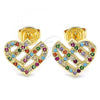 Oro Laminado Stud Earring, Gold Filled Style Heart Design, with Multicolor Micro Pave, Polished, Golden Finish, 02.233.0023